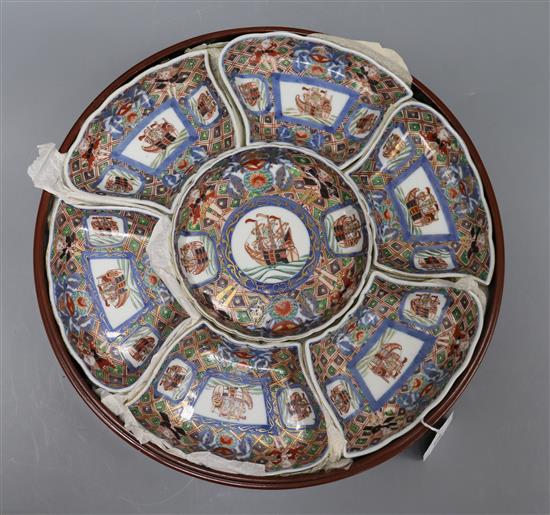 A Chinese Imari black ship supper set in lacquer box